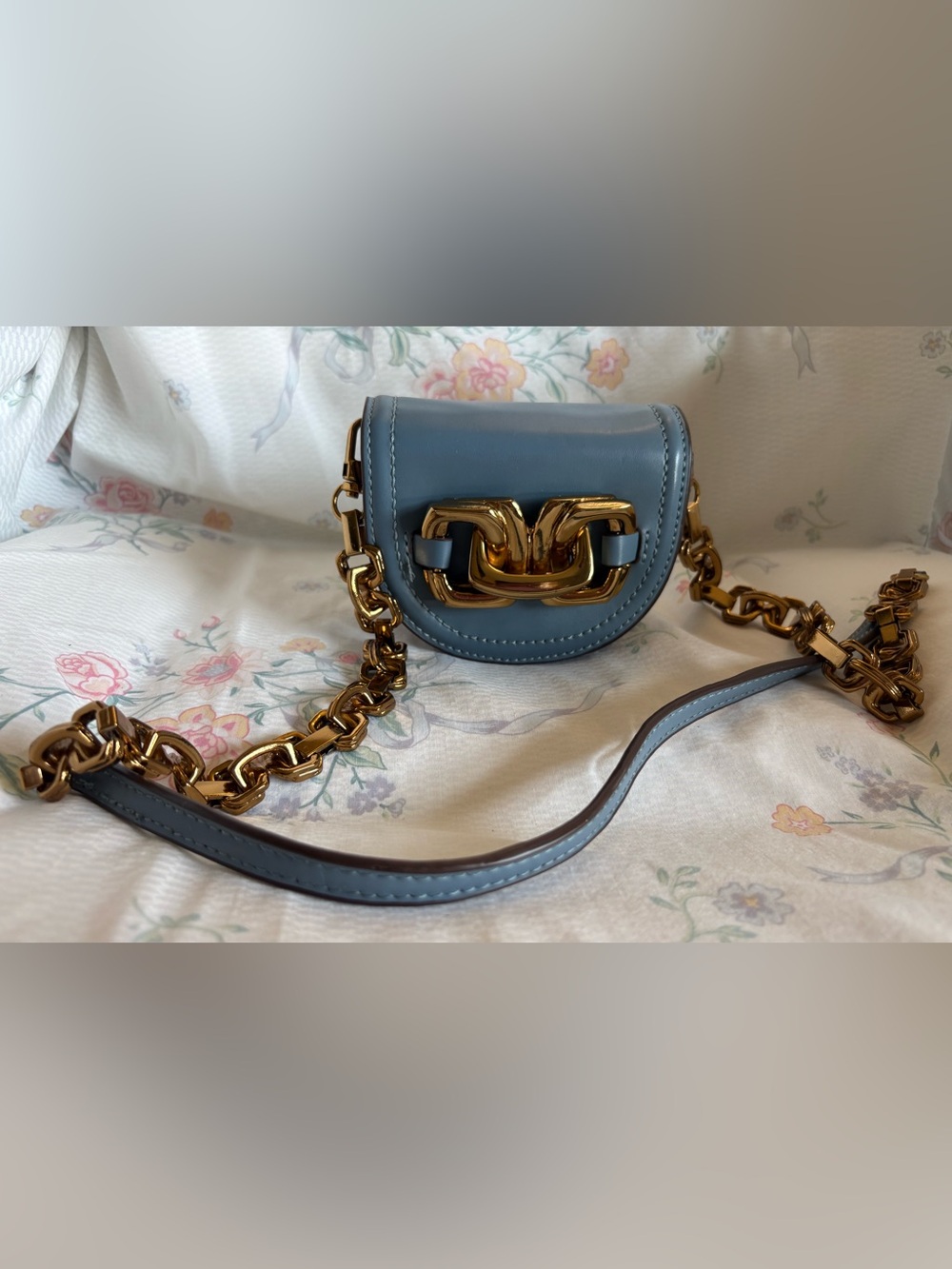 Zara Mini Leather Crossbody Bag in Dusty Blue with Gold Chain